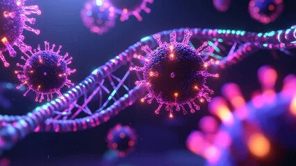 Colorful 3D rendering of virus particles and DNA strands, glowing vibrant purple and pink hues, representing infection, mutation, and scientific research futuristic microscopic environment - Powered by Adobe