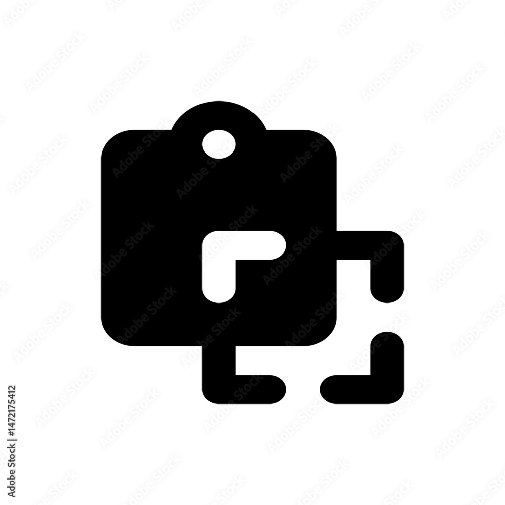 Poster black abstract figure with rounded edges and a white circle and r shape on a white background image