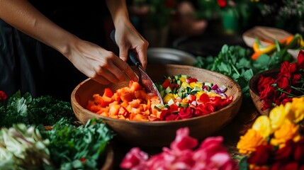 Obraz premium Person preparing a healthy salad filled with colorful vegetables