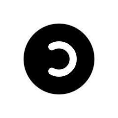 A black circle with a white curved shape inside resembling a crescent or incomplete ring design element
