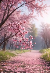 Pink sakura petals in gentle descent, blurred spring landscape ,  nature,  pastel pink
