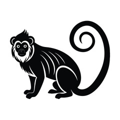 Elegant black and white vector illustration of a playful monkey sitting with a swirling tail