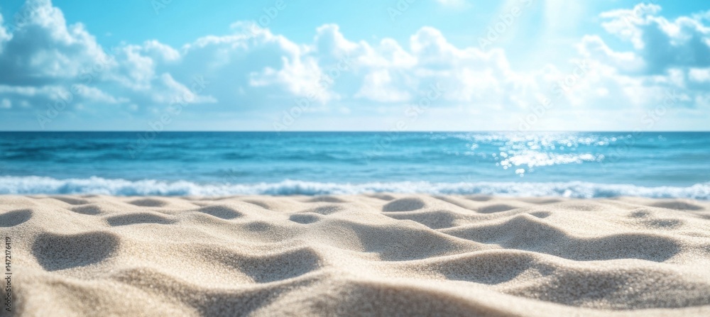 Poster closeup view of a pristine beach with soft, light beige sand gently textured by the waves, under a v