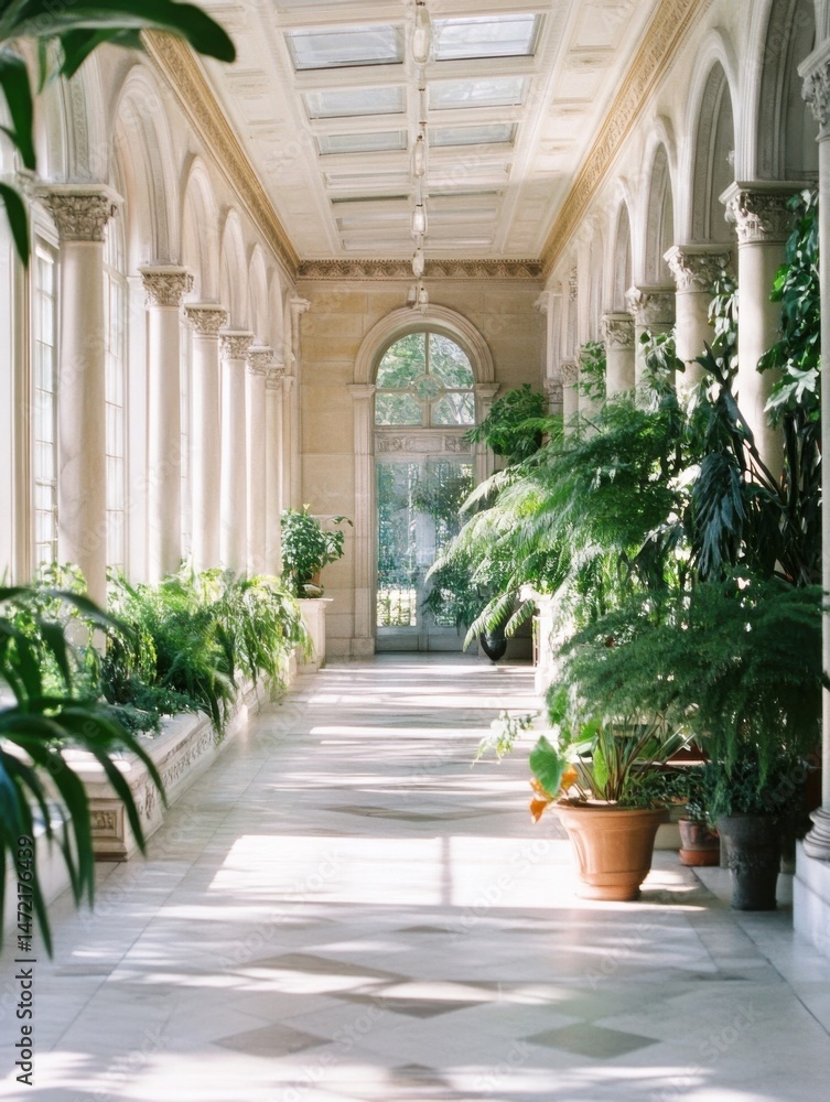 Poster sunlit conservatory: a serene walkway with classical columns, lush greenery, and a tranquil atmosphe