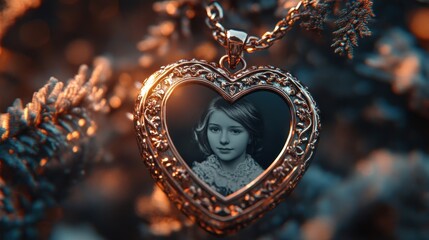 Ornate Gold Heart Shaped Pendant with Vintage Girl Portrait