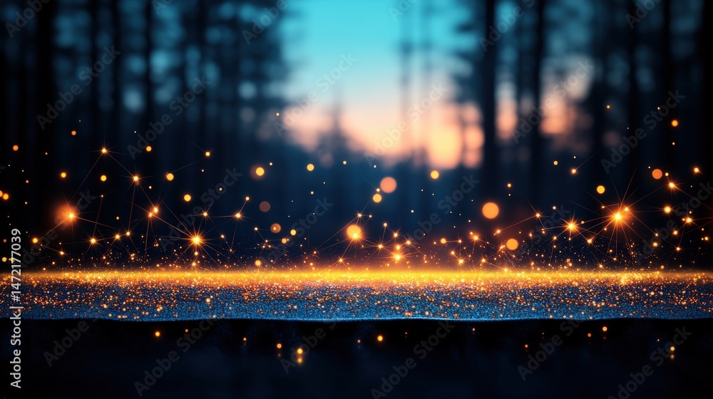 Poster golden glowing particles sparkle above a dark surface creating a magical and enchanting forest lands