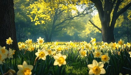 Obraz premium A sunlit field of daffodils on grass with trees in the background. 