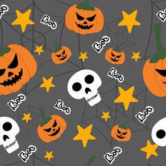 Fototapeta premium Stylish Halloween Seamless Pattern with Pumpkins, Skulls and Boo Text on Gray Background | Minimal Spooky Design