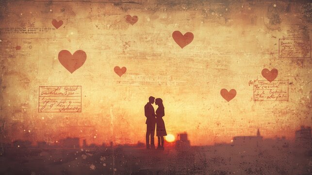 Silhouette of a Couple Kissing at Sunset with Vintage Hearts