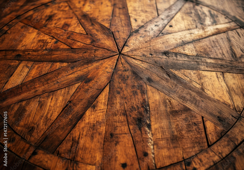 Poster close-up view of a rustic, circular wooden table top, showcasing a unique starburst pattern crafted 