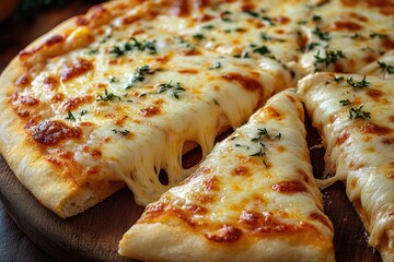 Freshly baked pizza with melted cheese and herbs is on a wood board. Use it for food blogs, restaurant menus, or culinary ads.