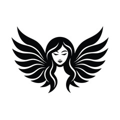 Elegant black and white illustration of an angelic woman with large detailed wings and flowing hair