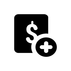 Illustration of a black square with a dollar sign and a plus sign in a black circle overlaying it