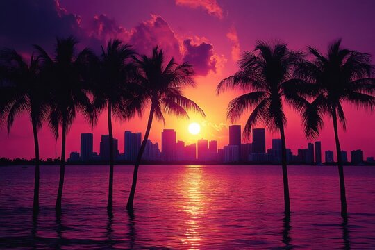Silhouetted palm trees frame a vibrant sunset over a modern city skyline, reflecting in calm, pink water.  The scene evokes a tropical, urban paradise. : Generative AI