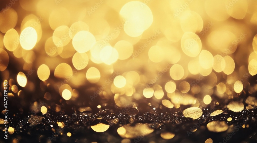Poster Golden bokeh lights shimmer on a dark surface, creating a luxurious and festive atmosphere, perfect for celebratory backgrounds or elegant designs. : Generative AI