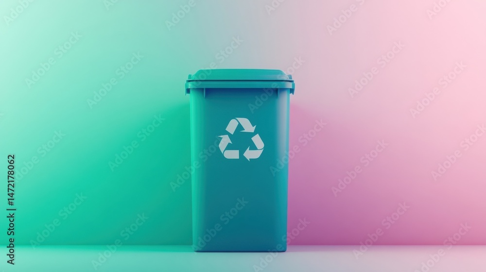 Poster teal recycling bin with white recycle symbol against a gradient pink and teal wall. studio shot of a