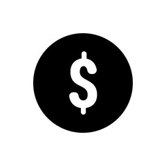 Illustration of a white dollar sign centered within a solid black circle on a white background view graphic