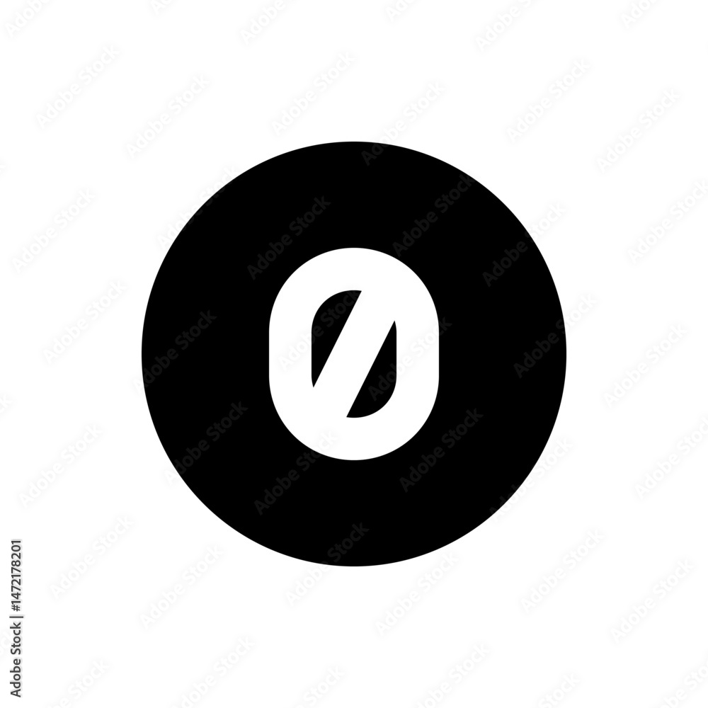 Poster a black circle containing a white shape resembling a zero with a diagonal line through the center ic
