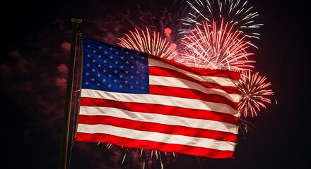 American Flag and Fireworks Display at Night