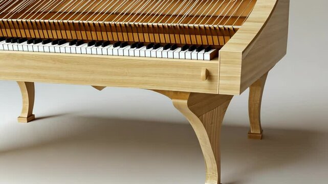 Close-up of a detailed, wooden harpsichord.