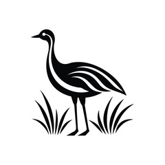 Elegant black and white illustration of a crane standing in a field of grass simple design concept