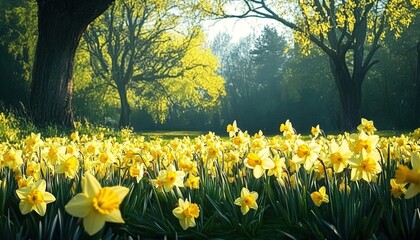 Obraz premium A sunlit field of daffodils on grass with trees in the background. 