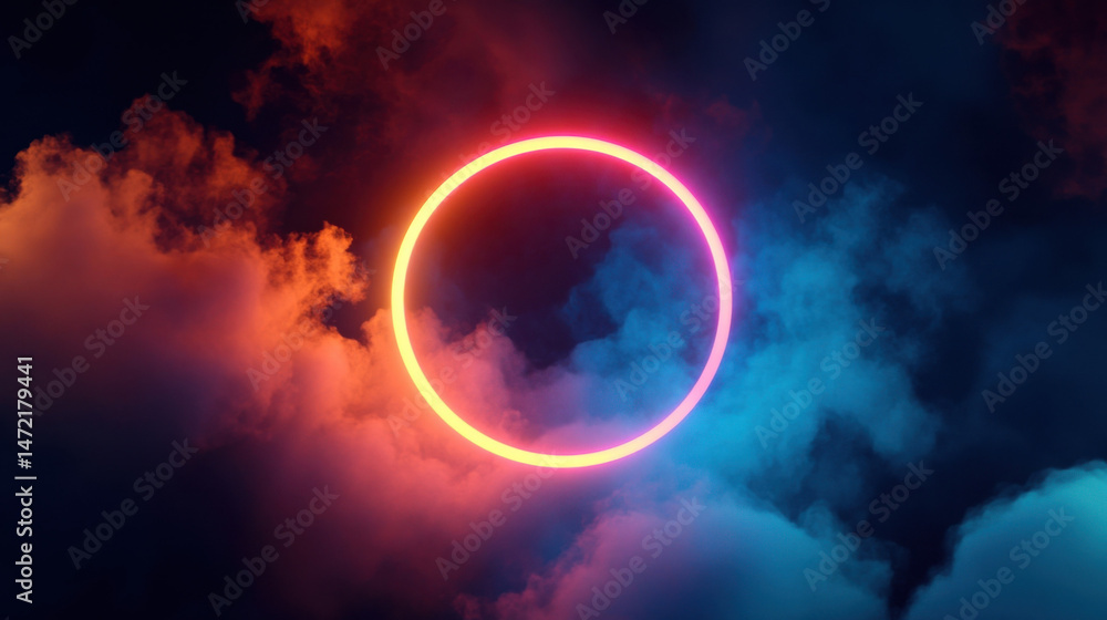 Poster neon circle light glowing brightly in a smoky, dark atmosphere with vibrant orange and blue hues cre