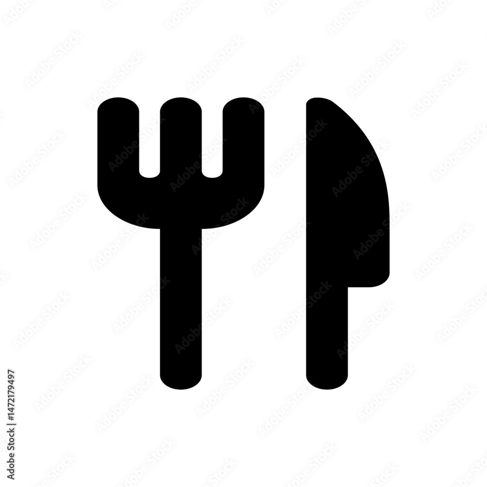 Poster illustration of a fork and knife side by side in black color against a white background in a simple 