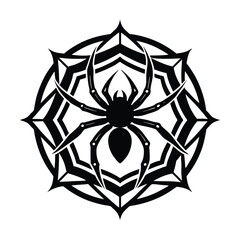 Stylized black spider centered in a decorative mandala vector design on a white background