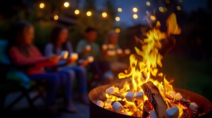 Joyful children roasting marshmallows over a fire pit, creating lasting memories and enjoying family time in a cozy backyard setting.