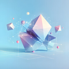 Low-poly diamond-shaped abstract 3D crystal object with reflections and glowing particles in pastel blue background.