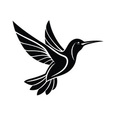 Elegant black and white hummingbird vector illustration depicted in flight with extended wings against white background