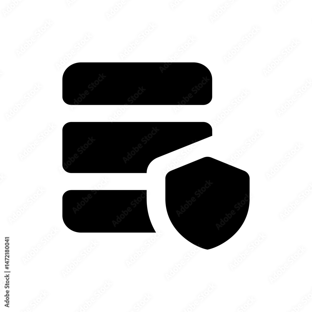 Poster database icon showing three stacked rectangles with rounded corners and a shield on the right side f