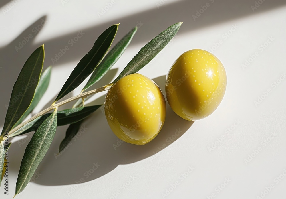 Aufkleber two ripe green olives on an olive branch, illuminated by sunlight, casting shadows on a white surfac