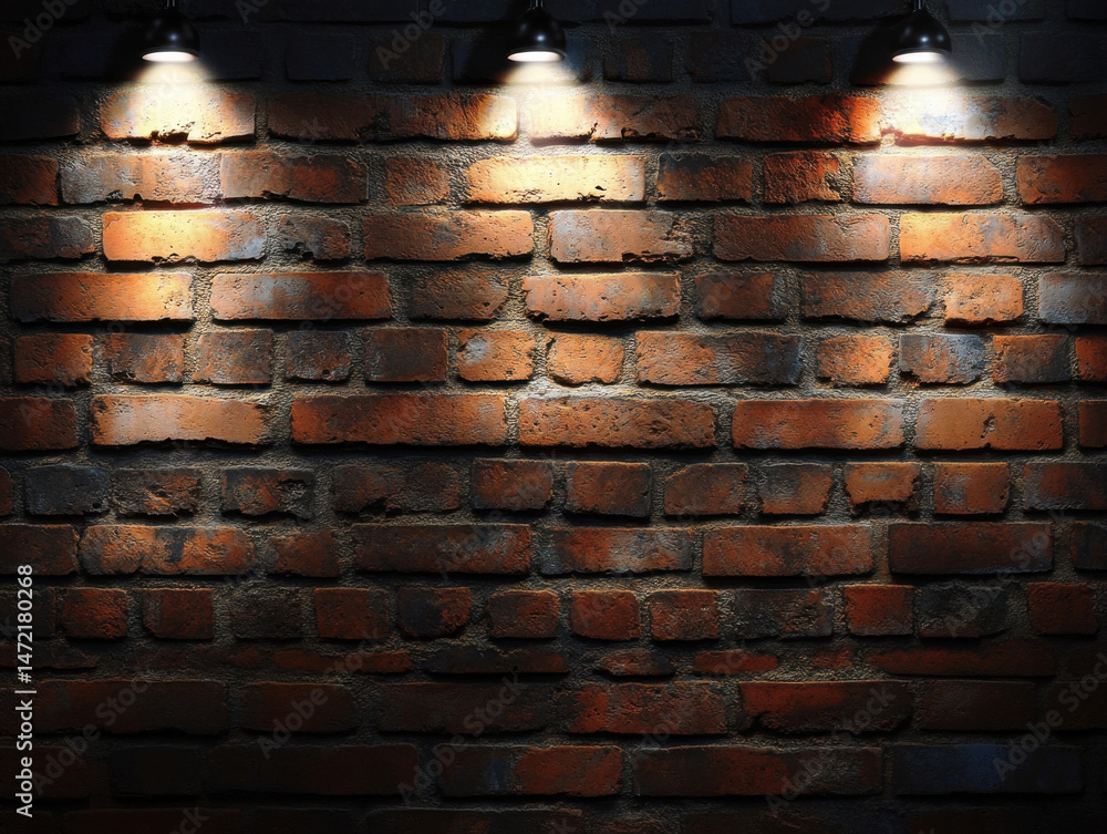 Poster three spotlights illuminate a rustic, dark brown brick wall, creating dramatic shadows and highlight