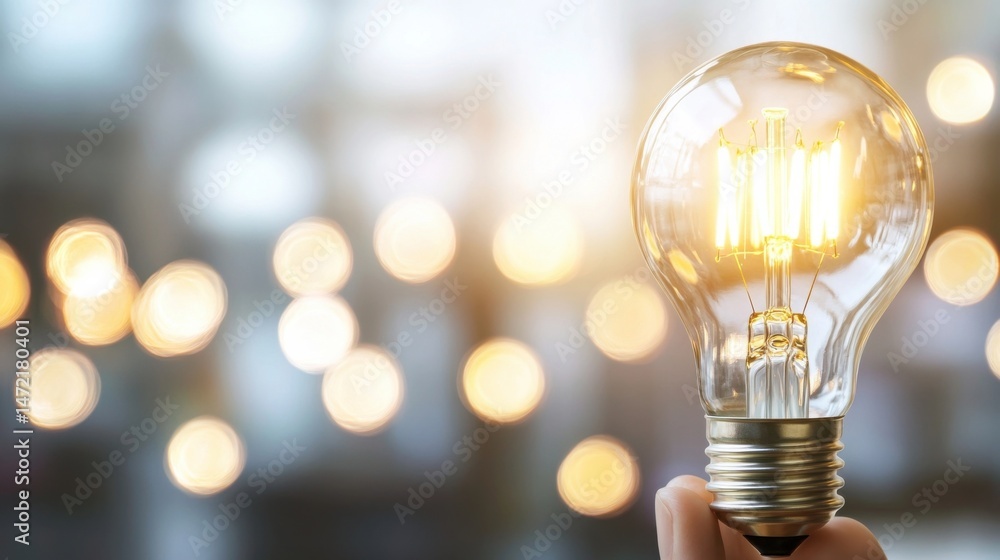 Aufkleber a hand gently holds a glowing edison-style light bulb, its warm light contrasting against a bokeh ba