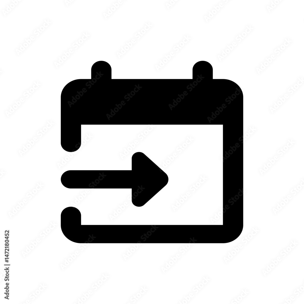 Poster black calendar icon with a right arrow indicating a forward movement or scheduling event, isolated o