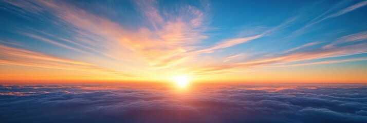 Fototapeta premium Aerial view of a breathtaking sunrise over a vast expanse of clouds, showcasing vibrant orange, pink, and blue hues in the sky. : Generative AI