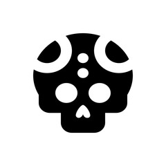 Black skull with white circles on top and dots in the middle on a white background graphic design