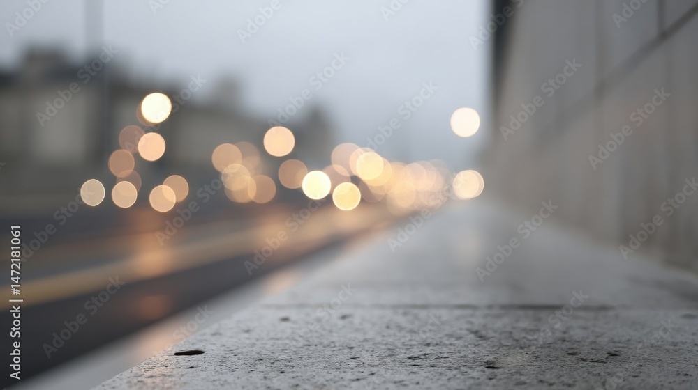 Poster blurred city lights at dusk reflected on a textured stone surface, offering a calm and serene urban 
