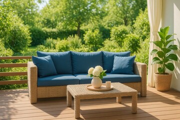 Fototapeta premium Stylish patio setup with rattan seating and blue cushions in a lush green garden — ideal for summer lifestyle or garden furniture ads. Outdoor patio with modern rattan furniture