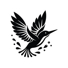 Black and white silhouette illustration of a hummingbird in flight with water droplets elements