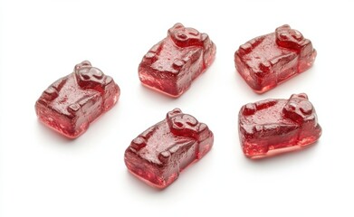 Five translucent red gummy bears arranged on a white background, showcasing their detailed bear shapes and glossy texture. : Generative AI