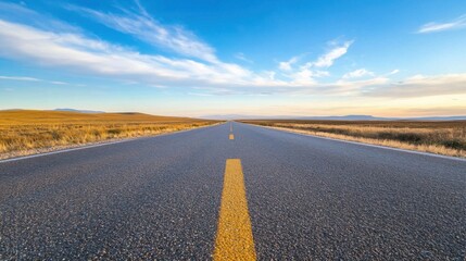 Naklejka premium A long, straight asphalt road stretches towards a distant horizon under a vibrant blue sky with fluffy white clouds, showcasing a serene landscape of golden-brown grasslands. : Generative AI