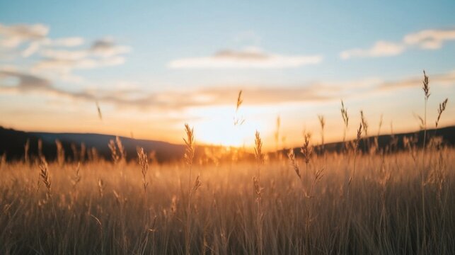 Golden hour sunlight illuminates tall grass in a field, creating a serene and peaceful sunset landscape. : Generative AI