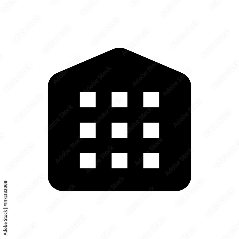 Poster a black building with rounded corners and a triangular roof, featuring six white square windows arra