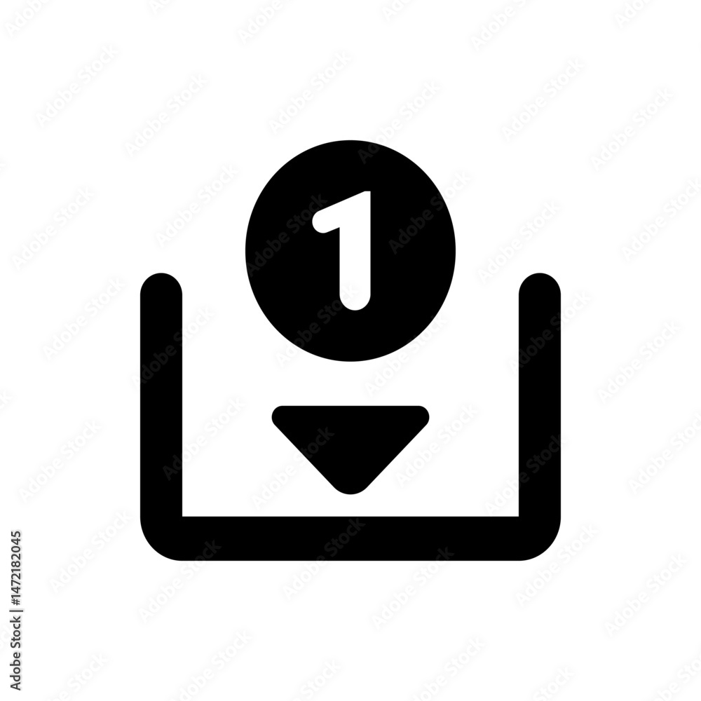 Poster black outline of a box with an arrow pointing down and a circle with the number one above it centere