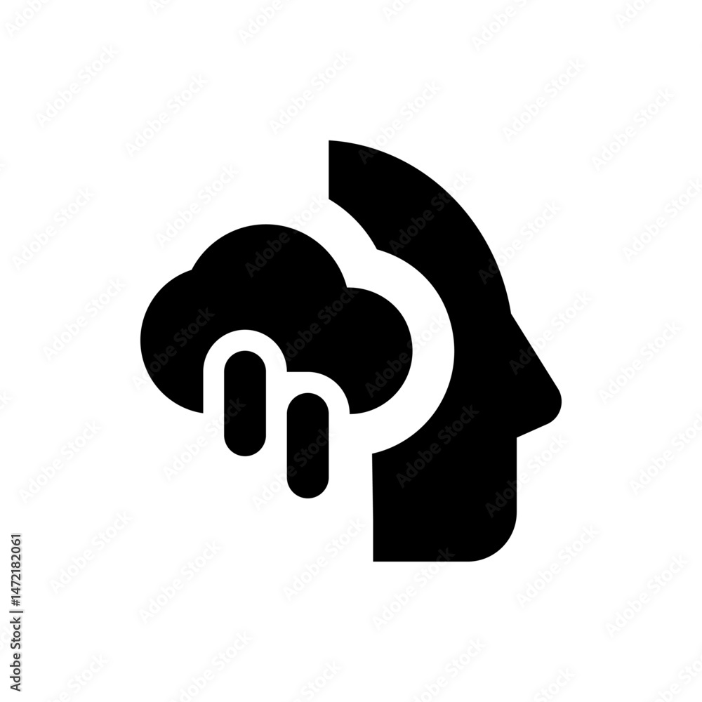 Poster silhouette of a head with a cloud and two vertical lines inside, symbolizing thoughts or mental stat