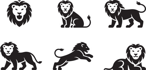 Black and white lion silhouette collection illustrating different poses and movements for design use
