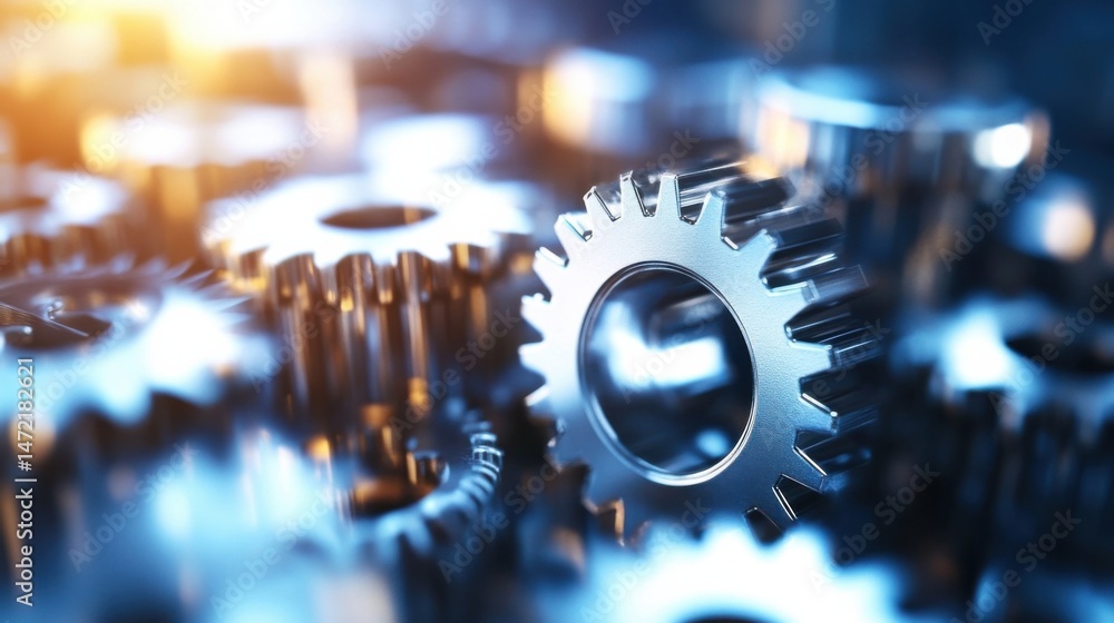 Leinwandbilder Close-up view of intricate metallic gears, showcasing precision engineering and complex machinery, ideal for industrial or technological themes. : Generative AI